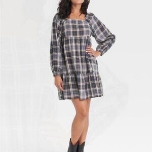Universal Thread Navy Plaid Long Sleeve Tiered Dress Size XS Fall Autumn